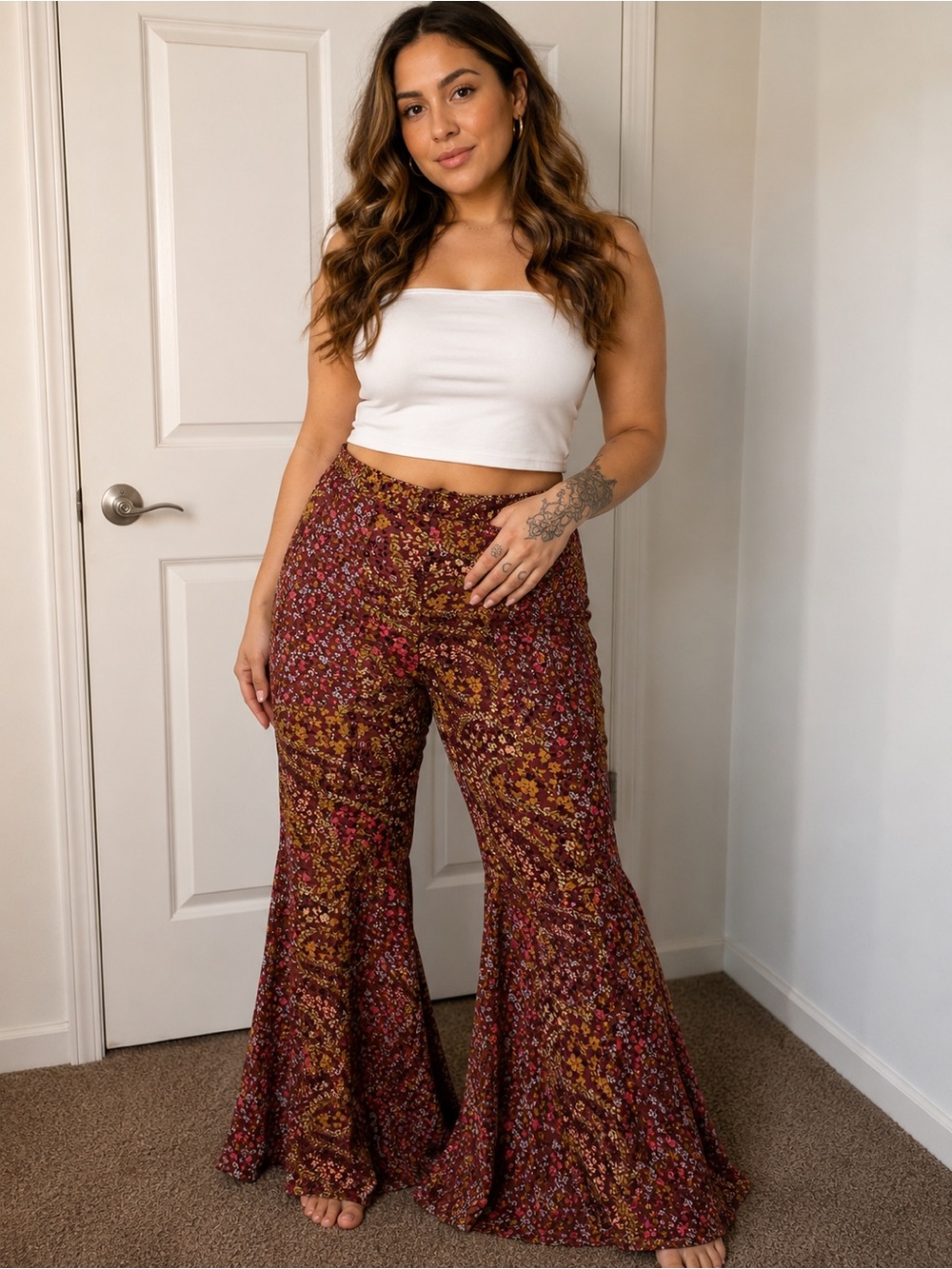 Forever 21 Burgundy Floral Boot Cut Pants